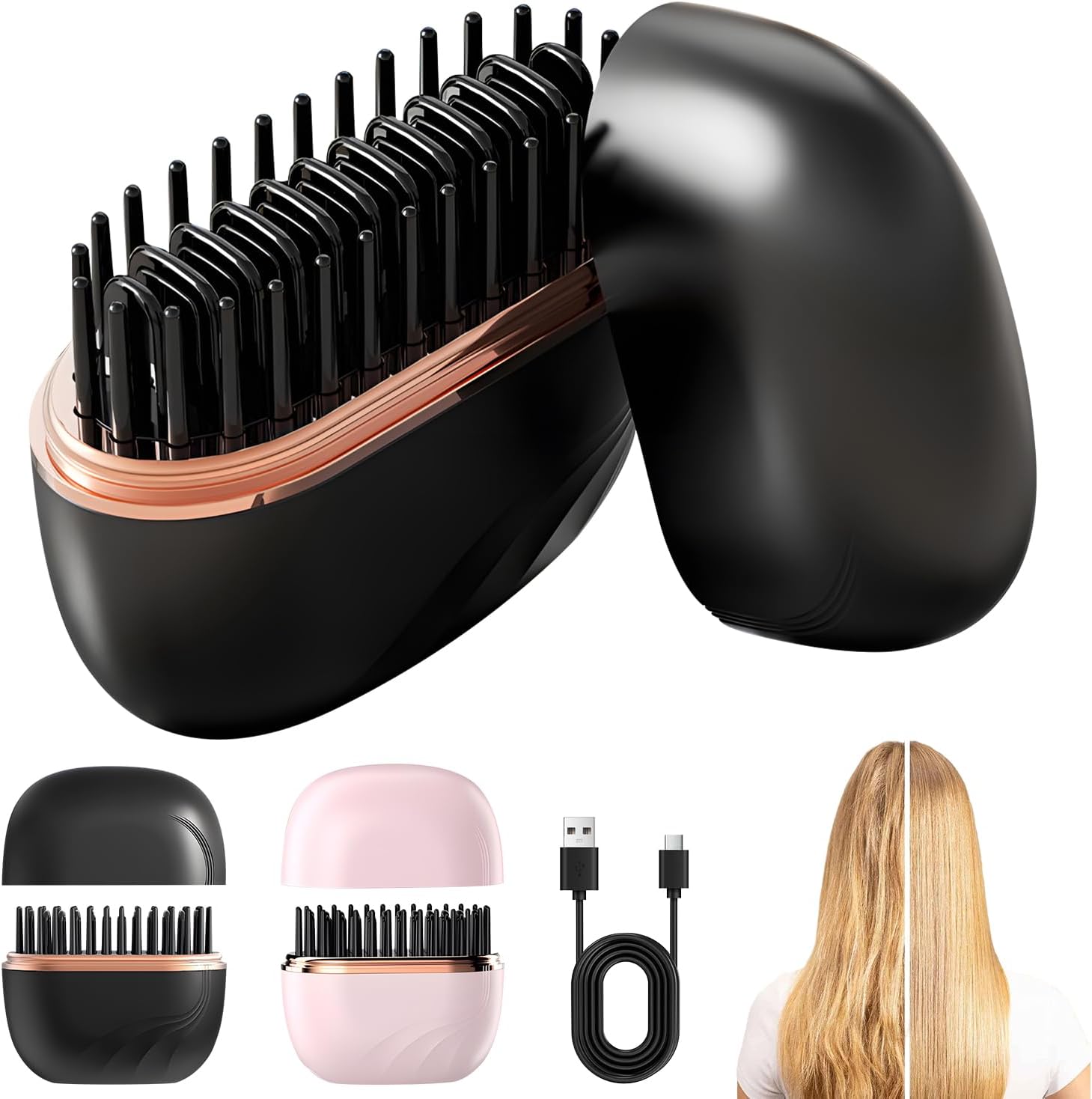 Portable Mini Hair Straightener Brush – Cordless, Rechargeable, 3 Temperature Levels